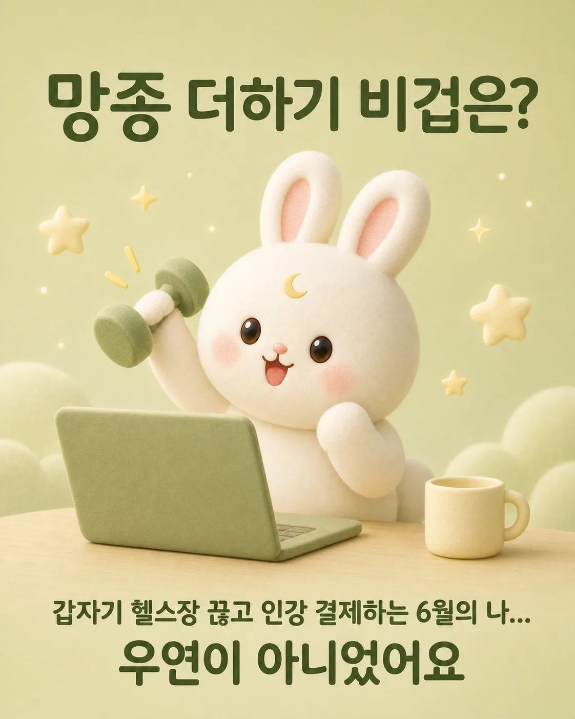 노트북 앞에서 아령을 들고 운동하며 공부하는 토끼