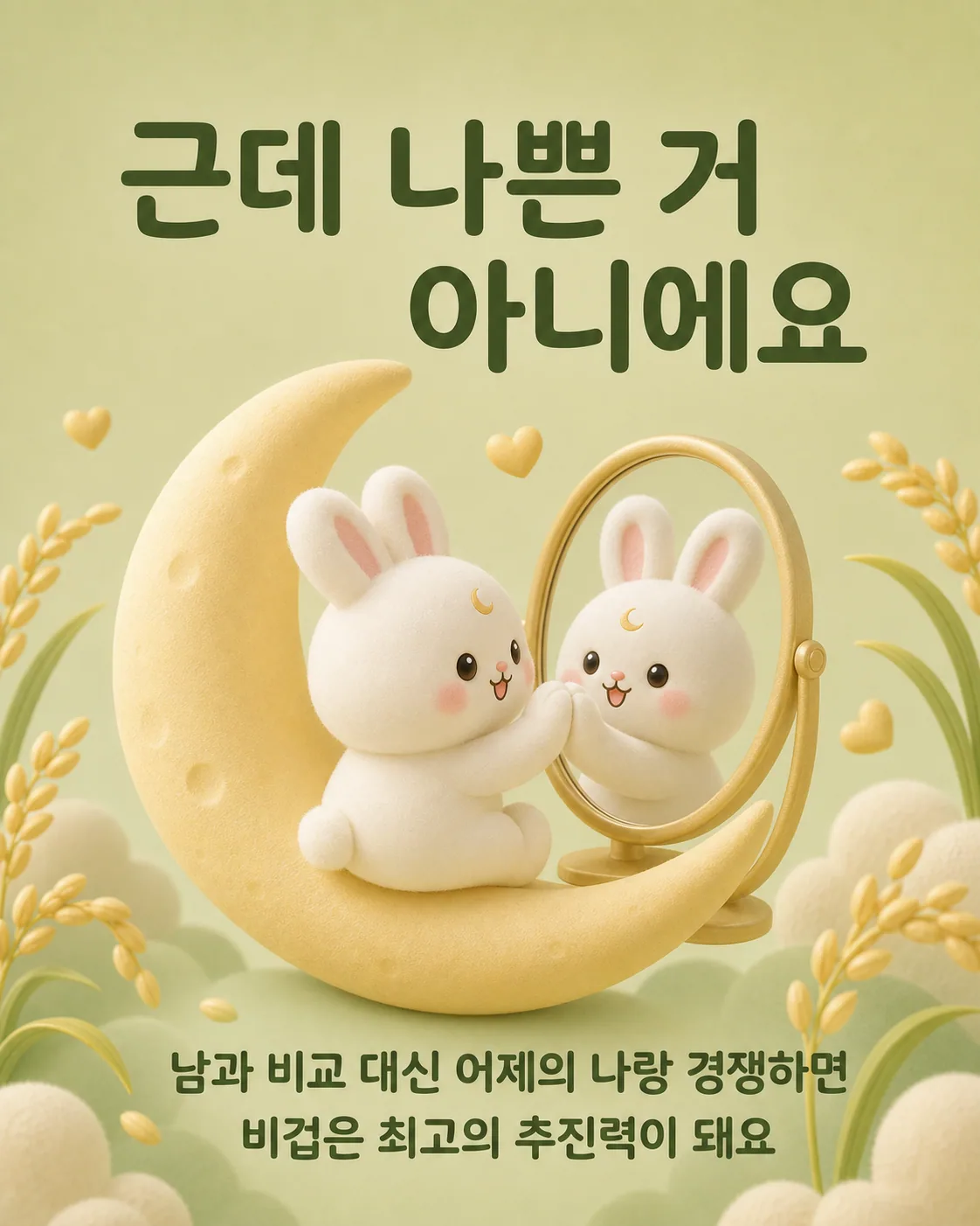 거울 속 자신의 모습을 흐뭇하게 바라보며 사랑스럽게 대하는 토끼