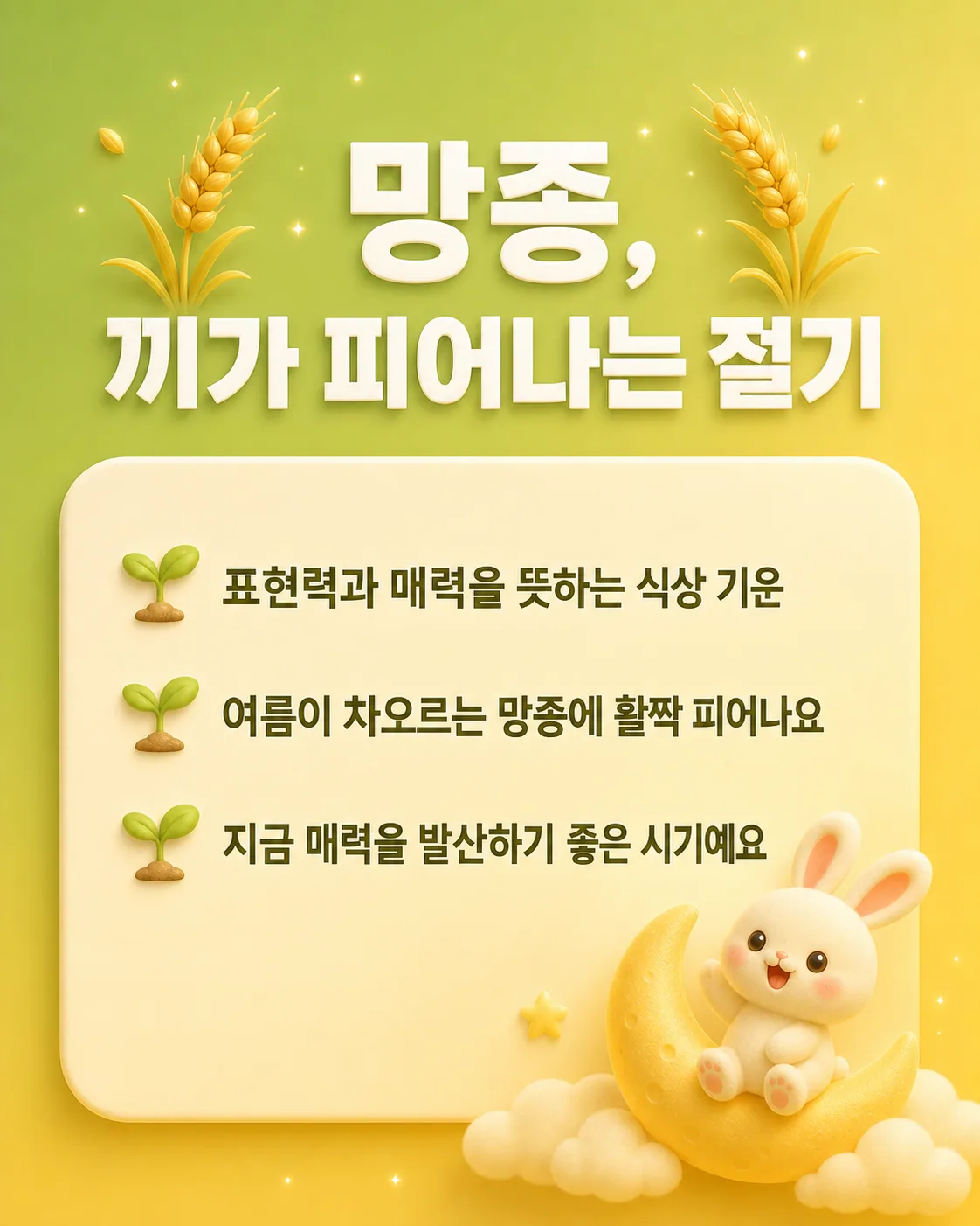 초승달 위의 토끼와 보리 이삭이 그려진 배경에 망종의 의미와 매력 발산에 대한 텍스트가 적힌 카드