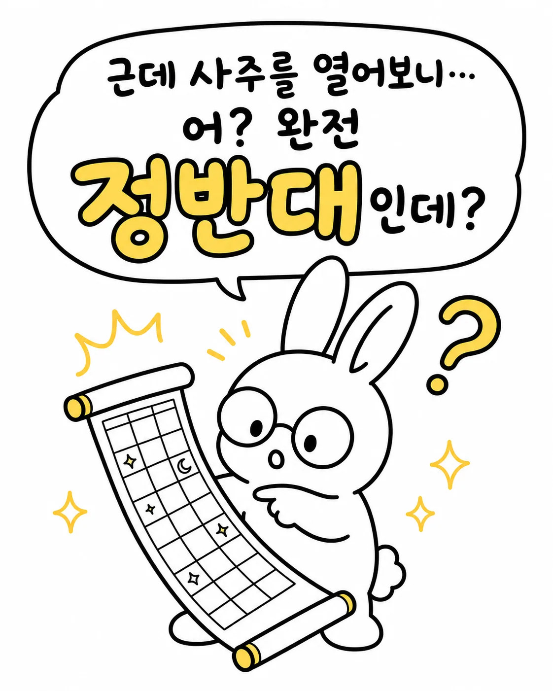 사주토끼가 사주 두루마리를 펼쳐보고 놀라는 모습
