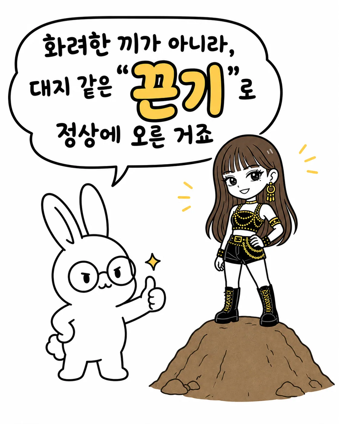 사주토끼가 엄지를 치켜세우고 리사가 언덕 위에 서 있는 모습