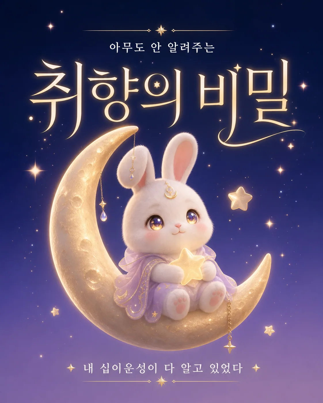 보랏빛 밤하늘 초승달 위에 앉아 별을 안고 있는 귀여운 흰 토끼 캐릭터