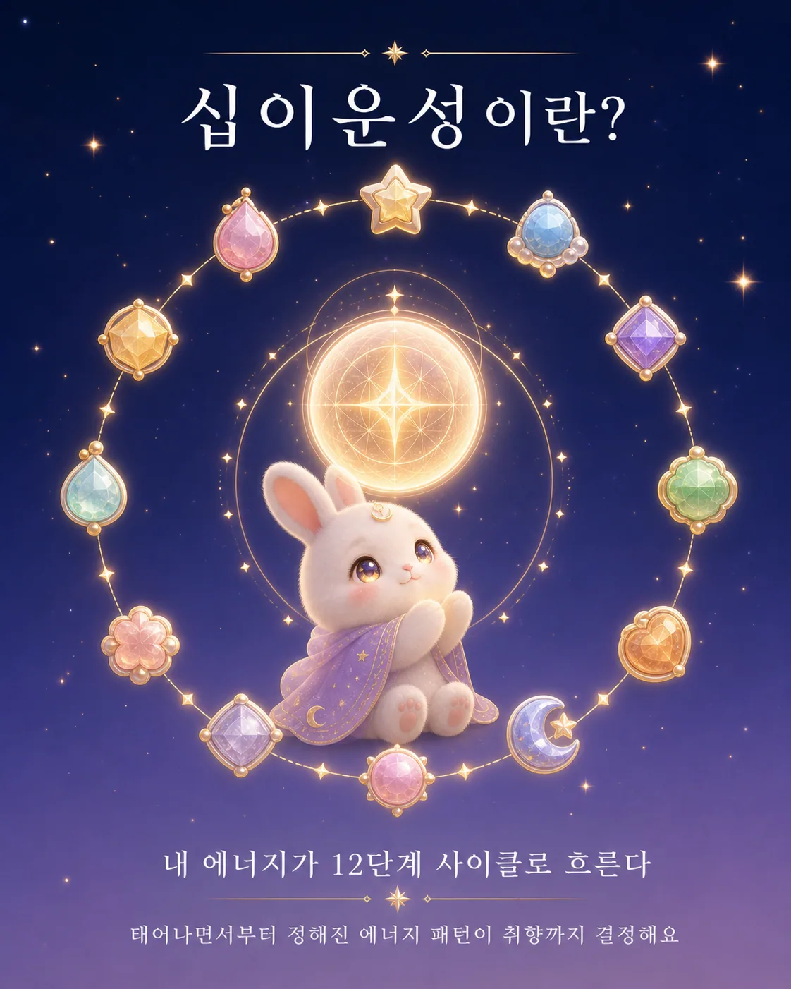 보석 같은 12개의 아이콘이 원형으로 배열된 가운데 빛나는 별을 바라보는 흰 토끼