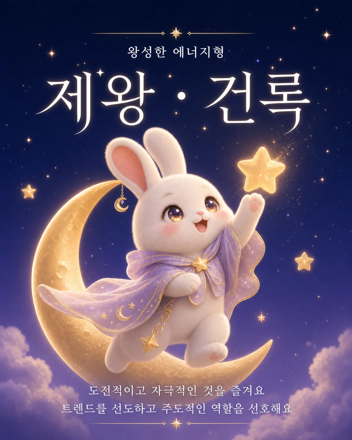 초승달 위에서 별을 향해 손을 뻗으며 활기차게 움직이는 흰 토끼