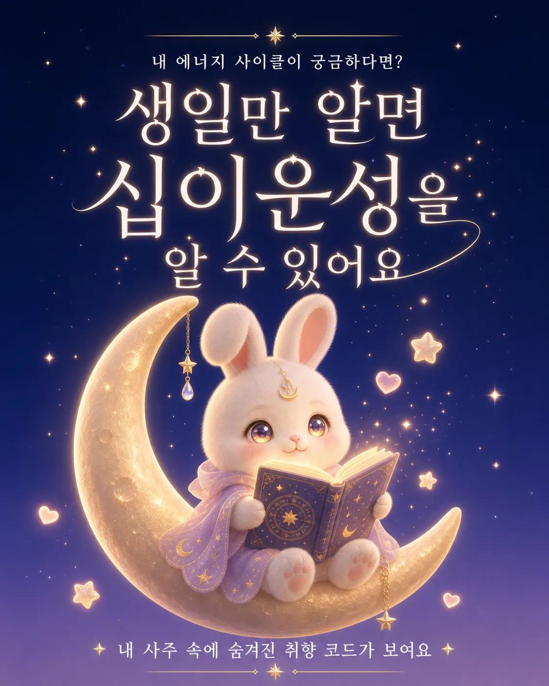 초승달 위에서 펼쳐진 별자리 책을 호기심 어린 눈으로 읽고 있는 흰 토끼