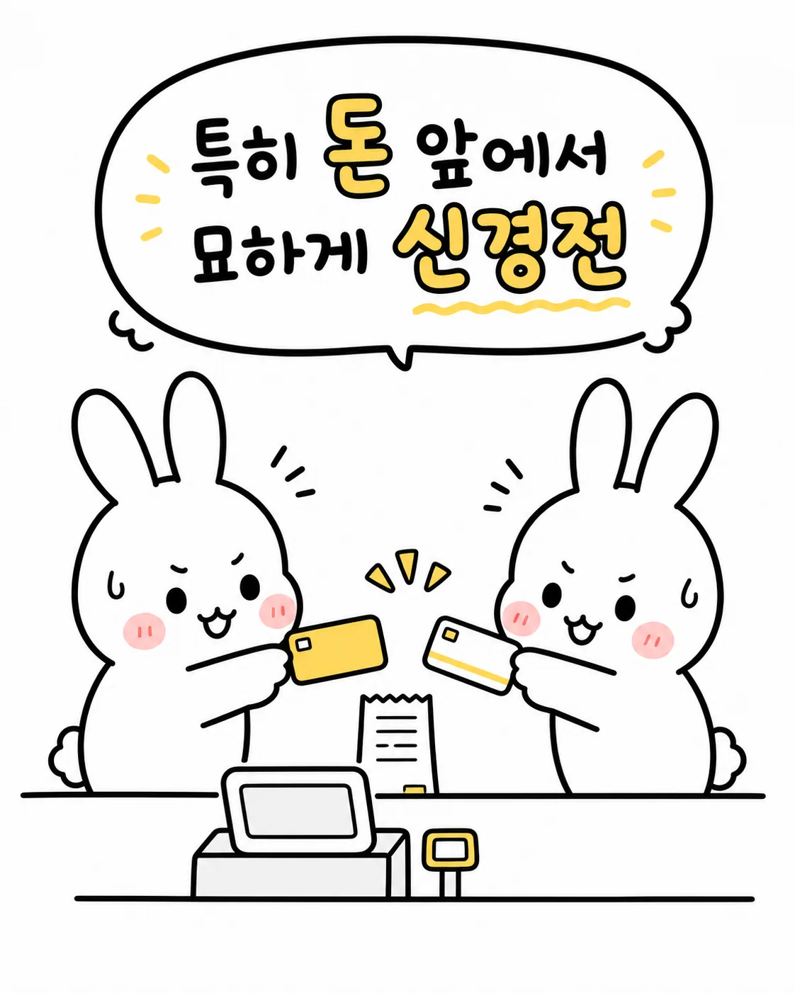 두 마리의 토끼가 각자 카드를 들고 계산대 앞에서 긴장한 표정으로 맞서고 있는 모습