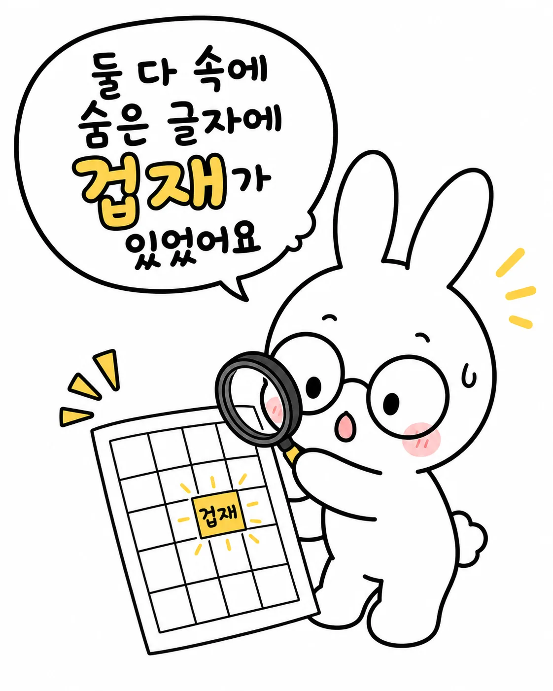 안경을 쓴 토끼가 돋보기로 사주 팔자 표를 보며 겁재라는 단어를 발견하고 놀라는 모습