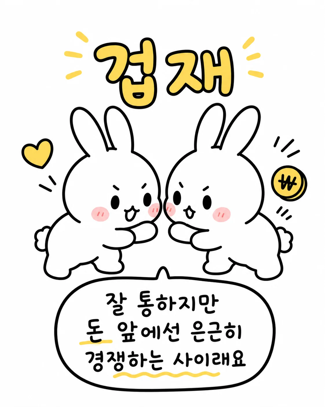 두 마리의 토끼가 서로 마주 보고 웃으며 각자 하트와 돈 동전을 든 모습