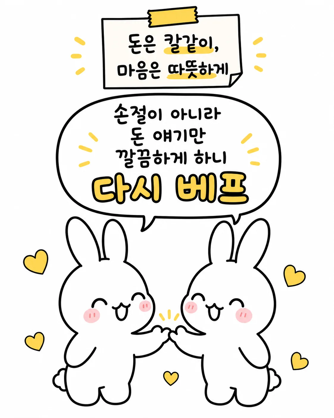 두 마리의 토끼가 서로 손을 맞잡고 웃고 있으며 위쪽에 돈은 칼같이 마음은 따뜻하게라는 메모가 붙은 모습