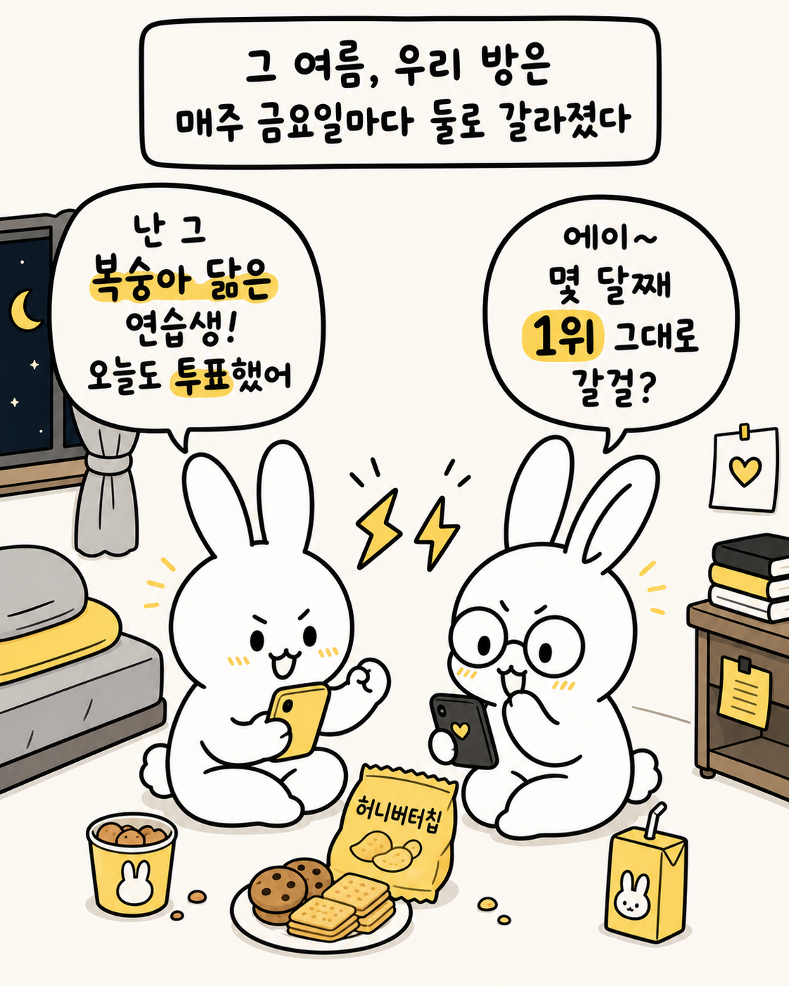 두 마리 토끼가 과자를 먹으며 스마트폰을 보고 서로 다른 연습생을 응원하며 열띤 대화를 나누고 있다