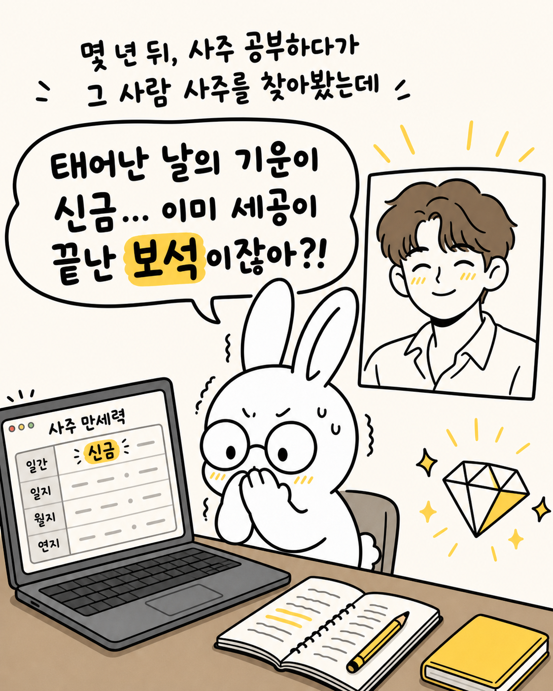 안경 쓴 토끼가 노트북으로 사주 만세력을 검색하며 화면 속 인물의 사주가 신금임을 확인하고 놀라고 있다