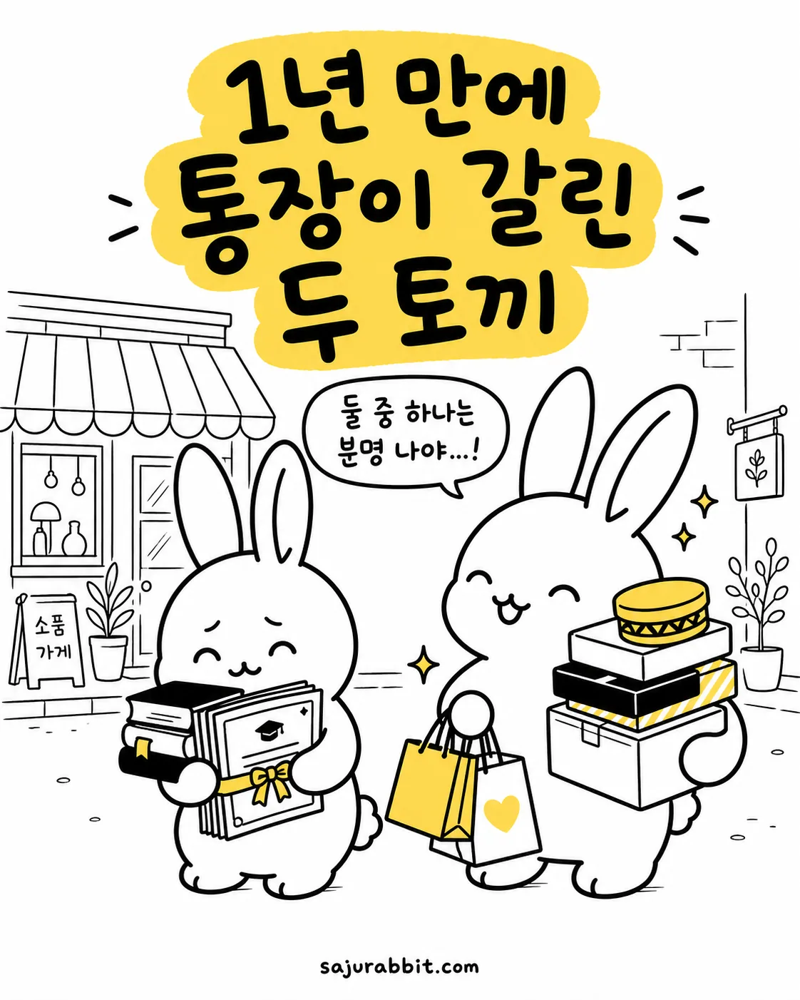 소품가게 앞에서 책과 수료증을 든 토끼와 쇼핑백을 든 토끼가 서 있는 모습