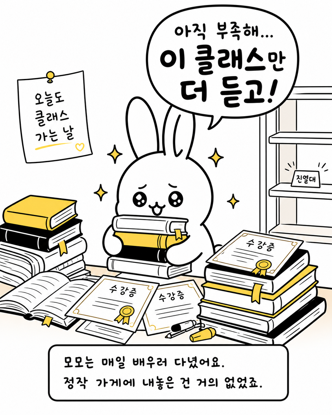 수많은 수강증과 책 사이에 앉아 클래스를 더 들어야겠다고 생각하는 토끼
