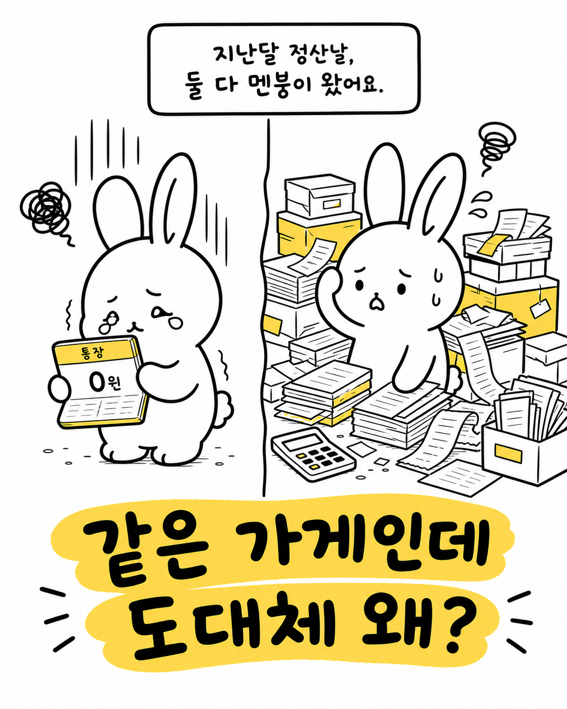 통장 잔고 0원을 보고 울먹이는 토끼와 서류 더미에 파묻혀 멘붕에 빠진 토끼