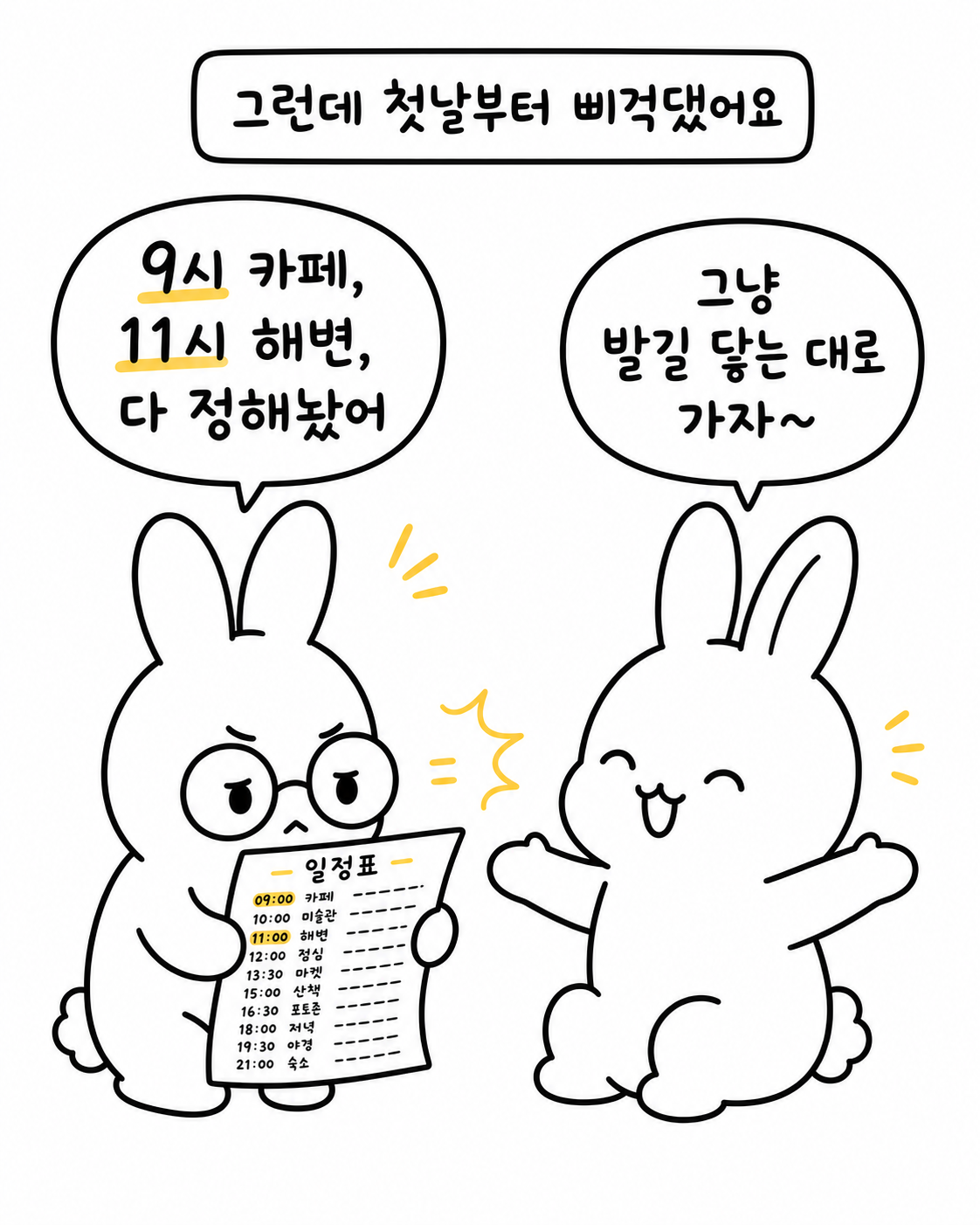 안경 쓴 토끼가 빽빽한 일정표를 들고 있고, 옆의 토끼는 자유롭게 여행하자고 제안하는 모습