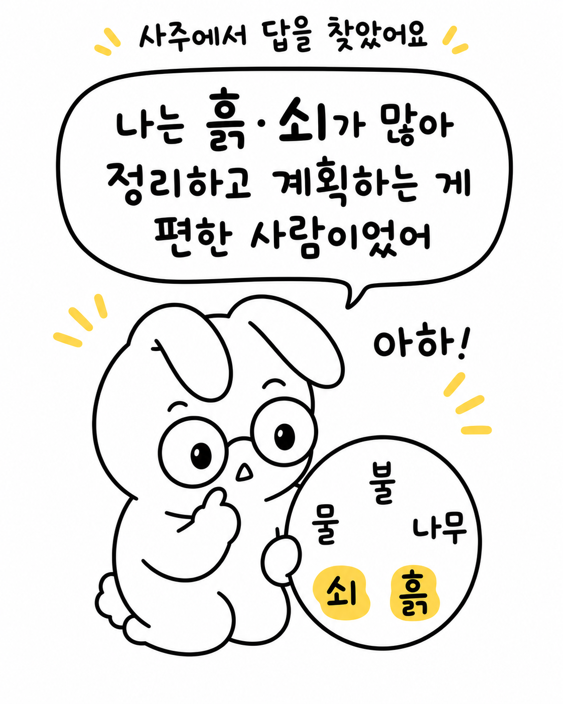 안경 쓴 토끼가 불, 물, 나무, 쇠, 흙이 그려진 원형 판을 들고 고민하는 모습