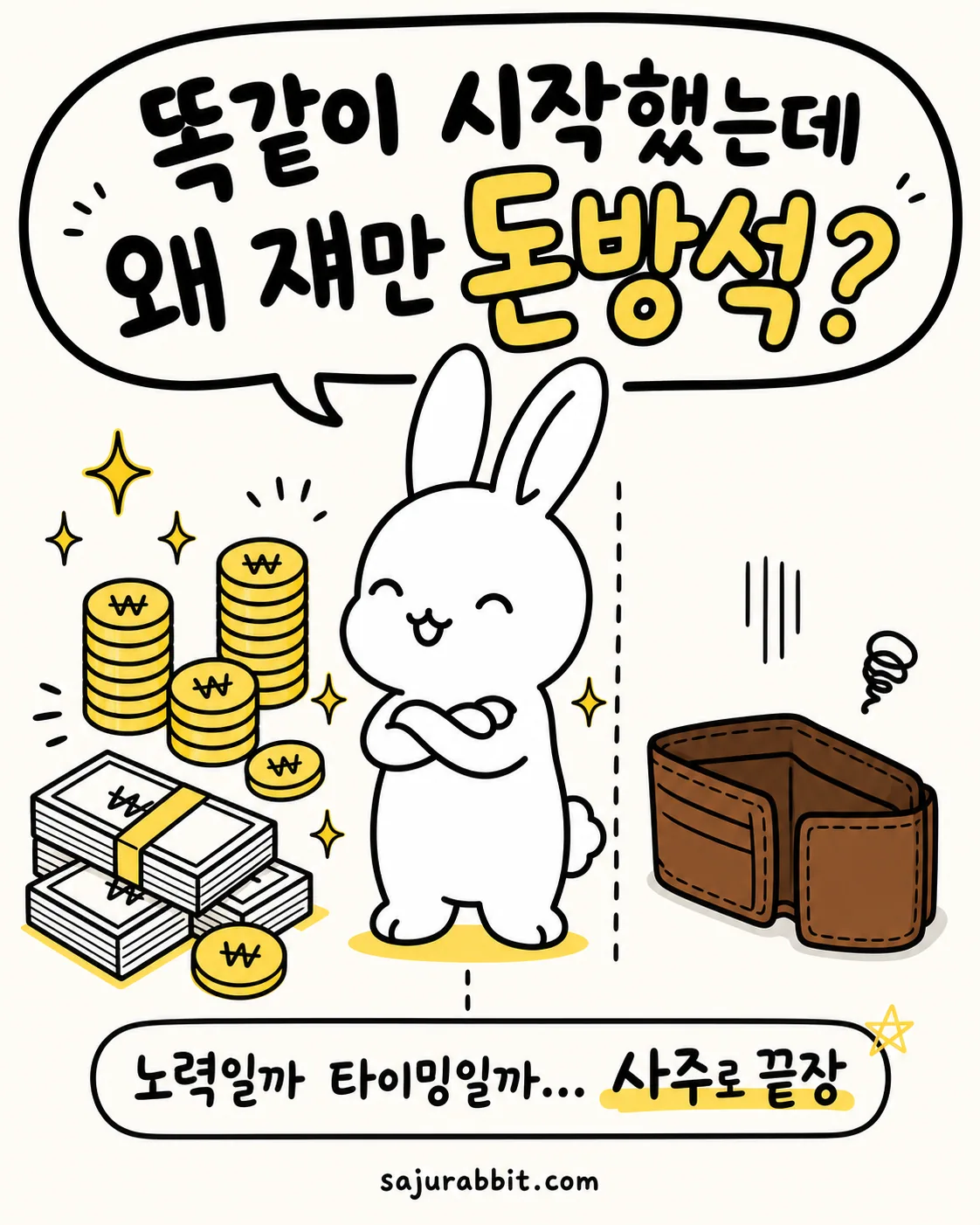 돈방석에 앉은 토끼와 빈 지갑을 들고 당황한 토끼가 대비되는 모습