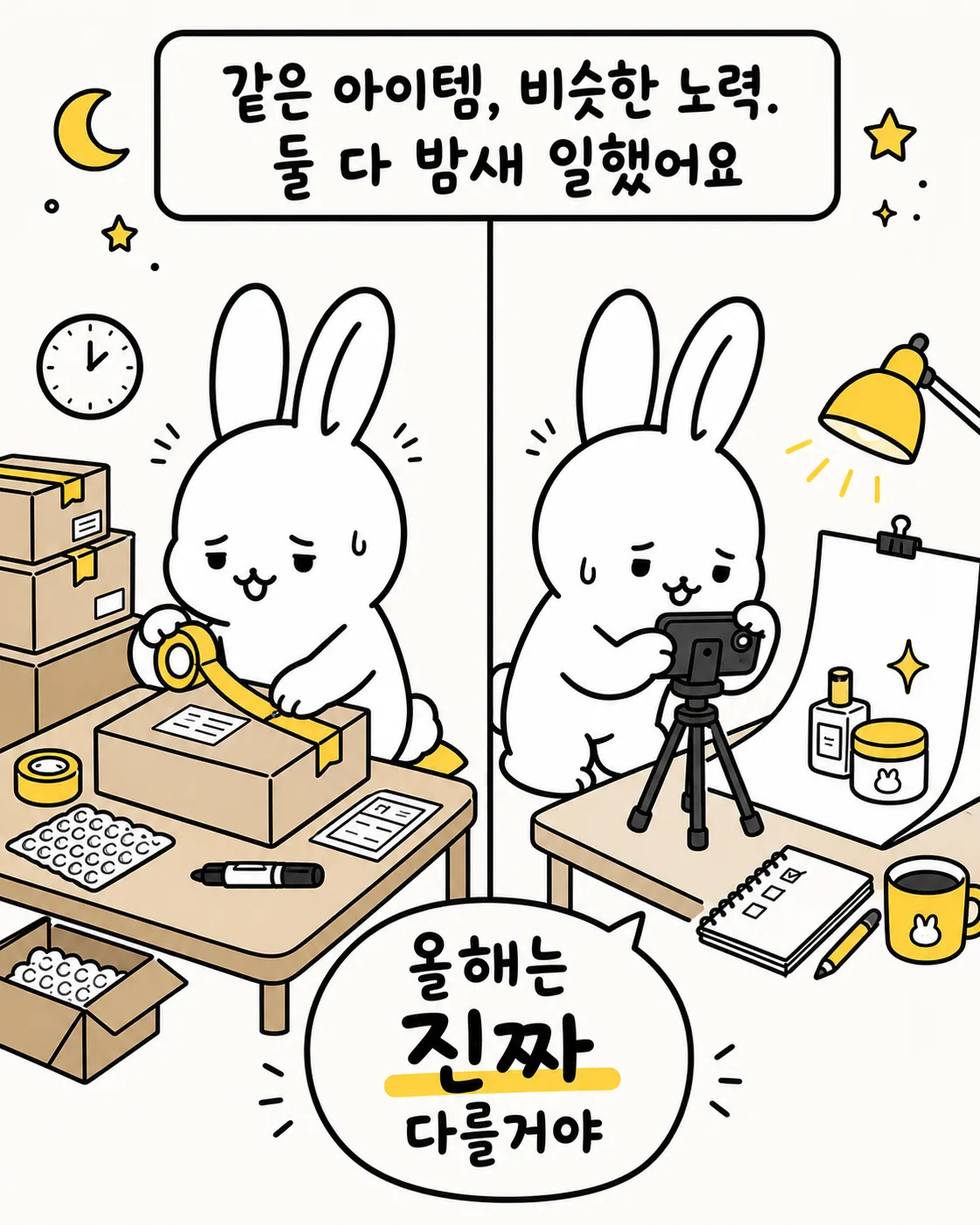 한 토끼는 택배 박스를 포장하고, 다른 토끼는 삼각대를 세워 제품 촬영을 하며 바쁘게 일하는 모습