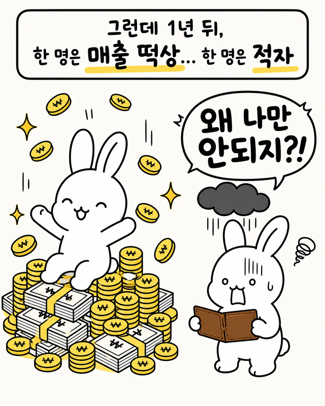돈방석에 앉은 토끼와 비구름 아래 빈 지갑을 들고 슬퍼하는 토끼의 모습