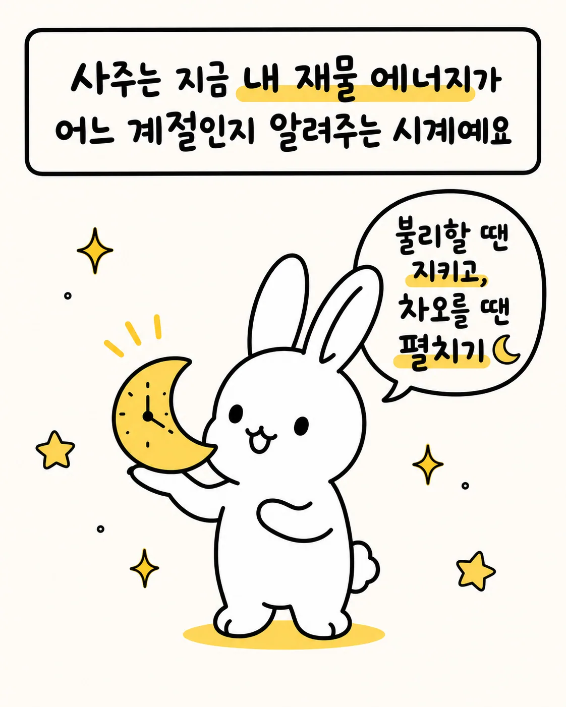 초승달 모양의 시계를 들고 지키고 펼치는 타이밍에 대해 이야기하는 토끼