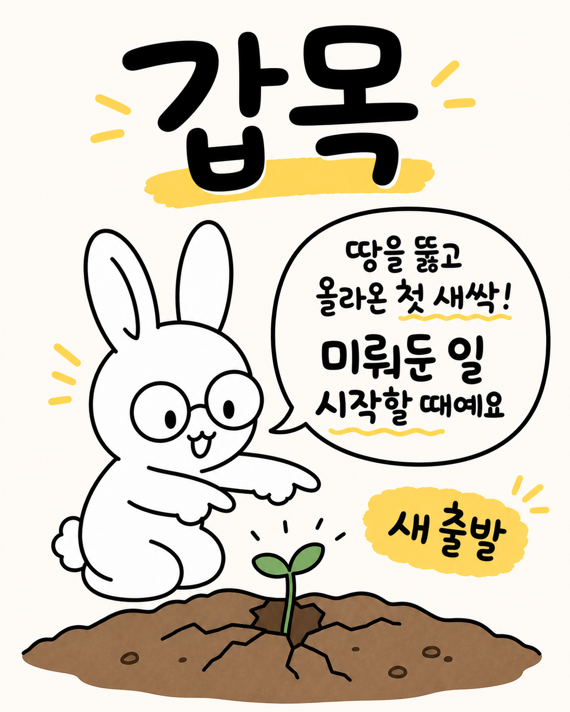안경 쓴 토끼가 흙 위로 솟아난 작은 새싹을 보며 기뻐하는 모습