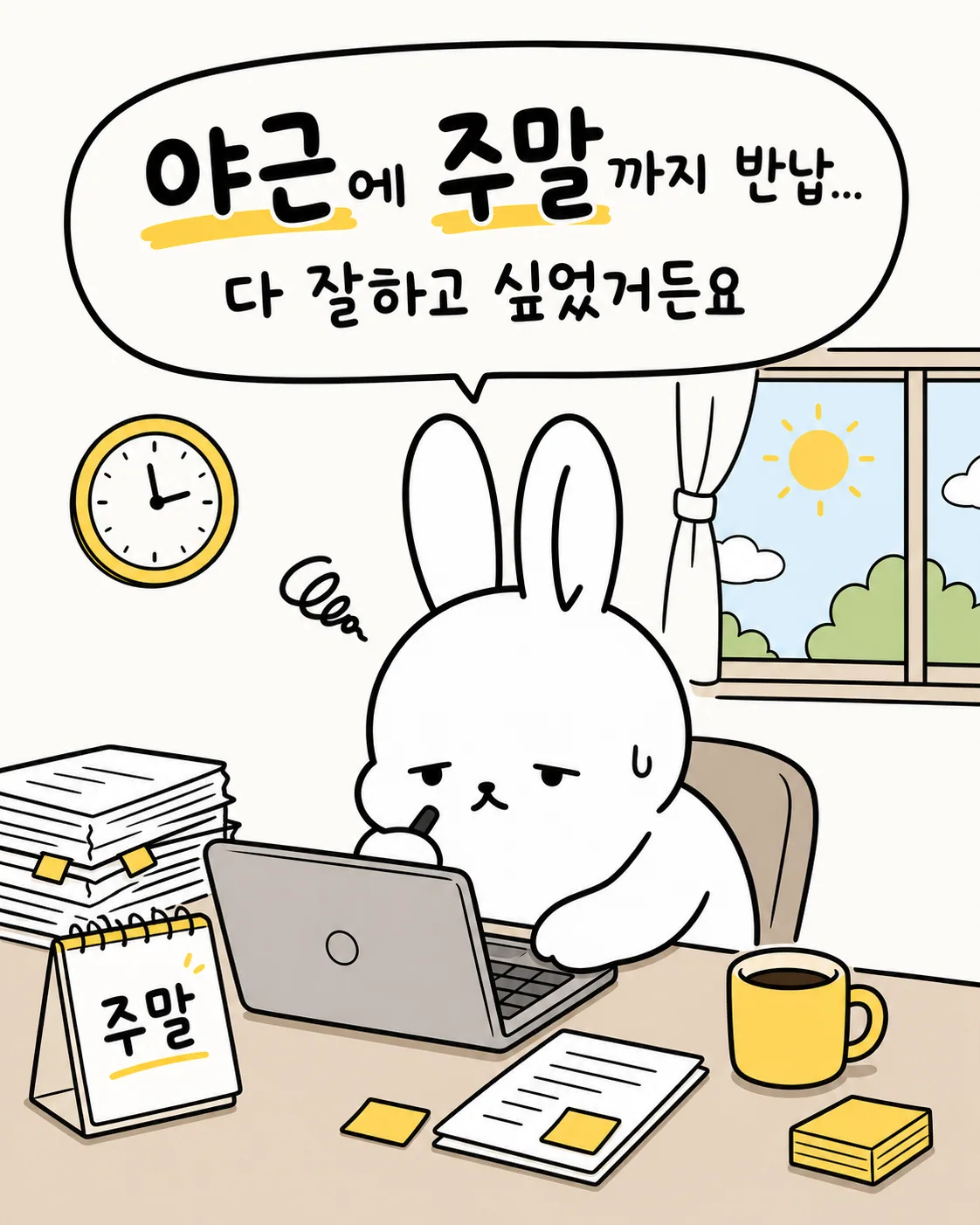 주말 달력을 보며 노트북 앞에서 지친 기색으로 앉아 있는 토끼