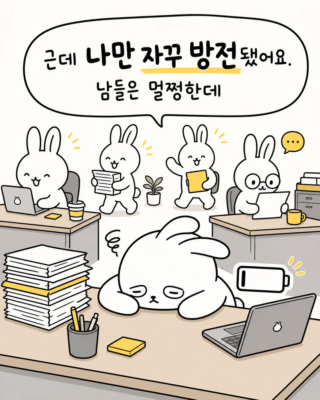 주변 동료들은 활기차게 일하는데 혼자만 배터리가 방전되어 쓰러진 토끼