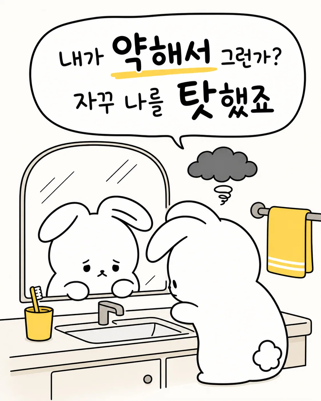 세면대 거울을 보며 우울한 표정을 짓고 있는 토끼와 그 위의 먹구름