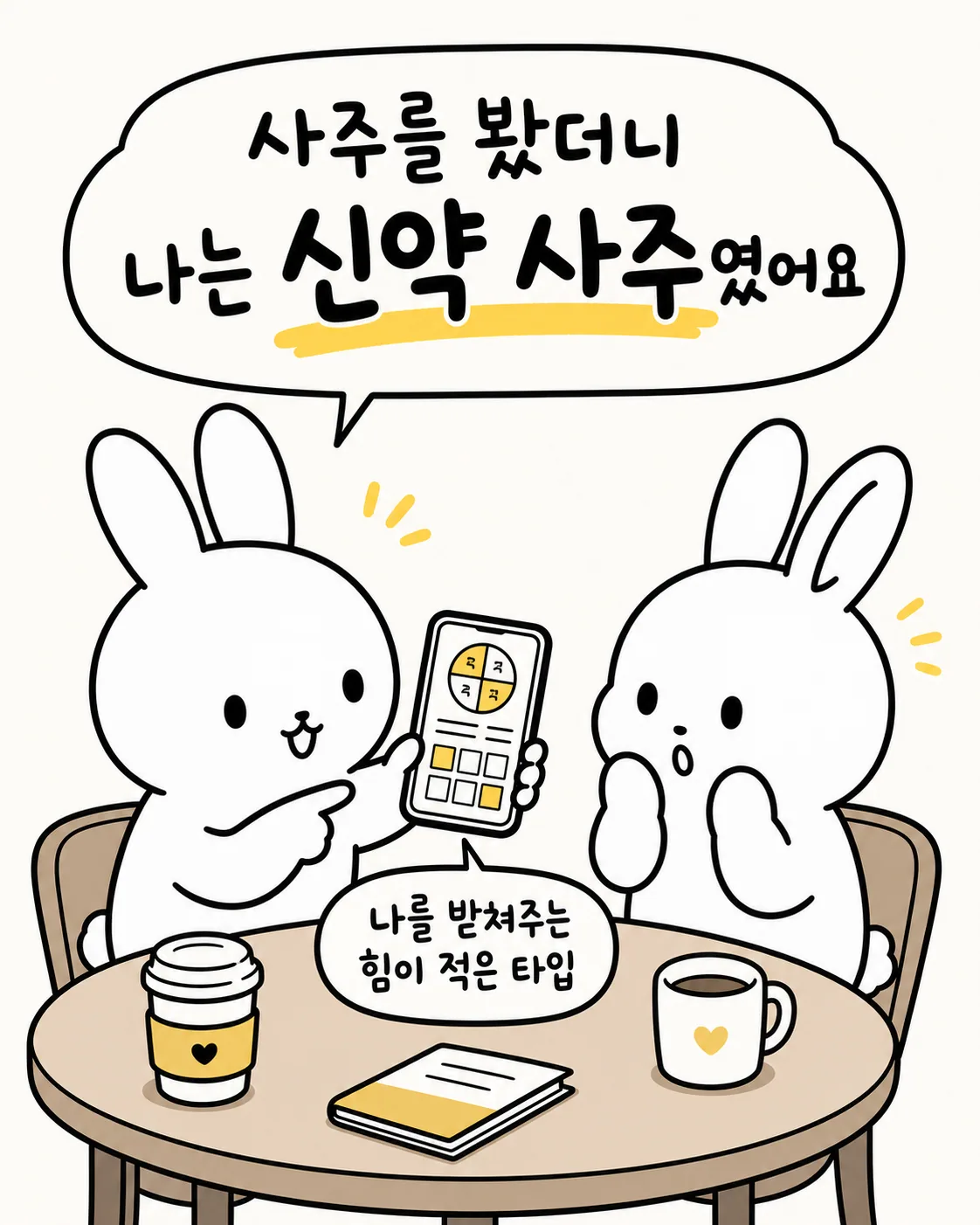 사주 앱을 보여주며 친구와 대화하는 토끼, 나를 받쳐주는 힘이 적다는 설명