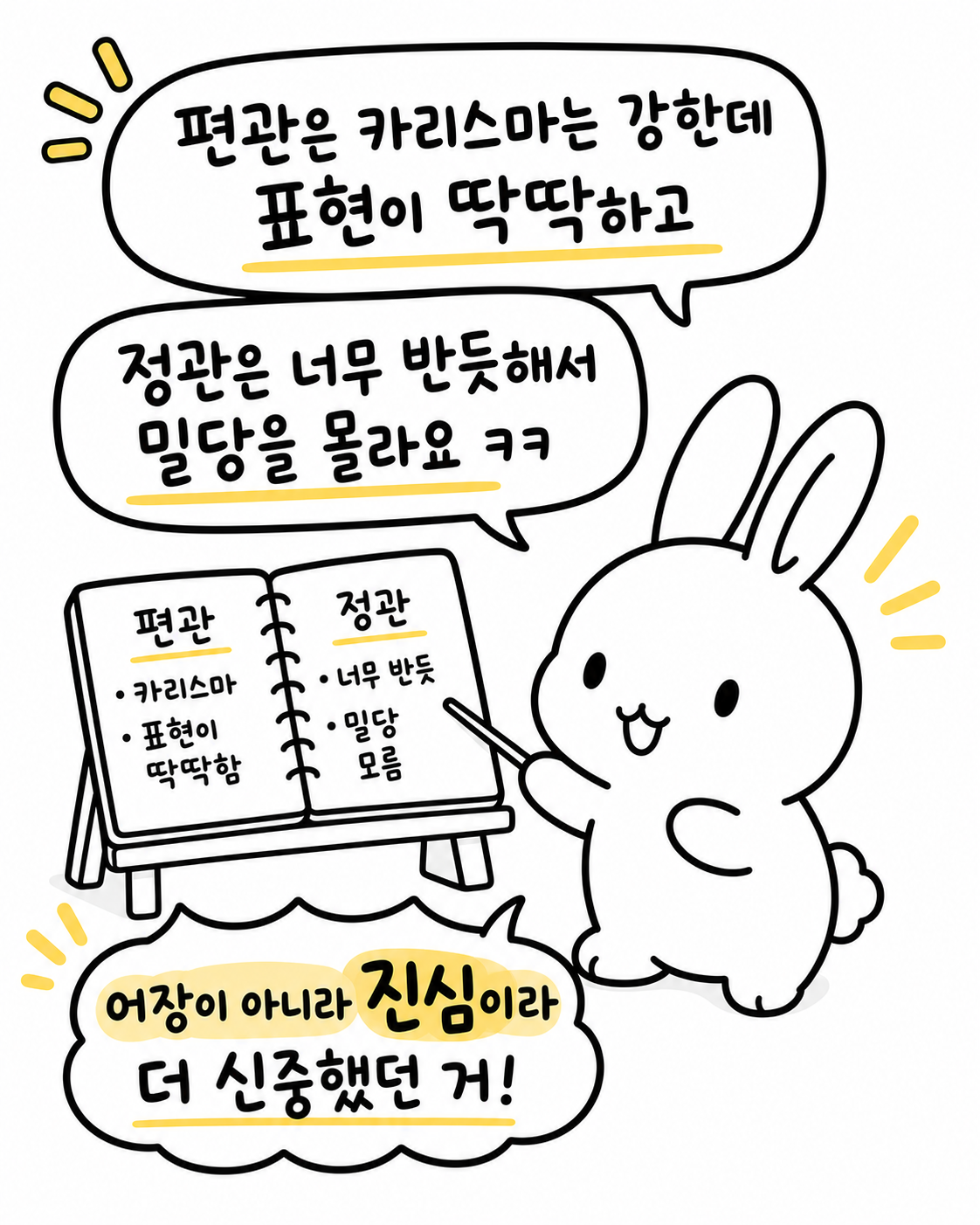 편관과 정관의 특징을 적은 칠판을 가리키는 토끼 캐릭터