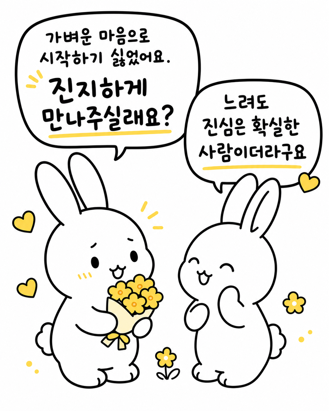 꽃다발을 내밀며 진지하게 고백하는 토끼 캐릭터