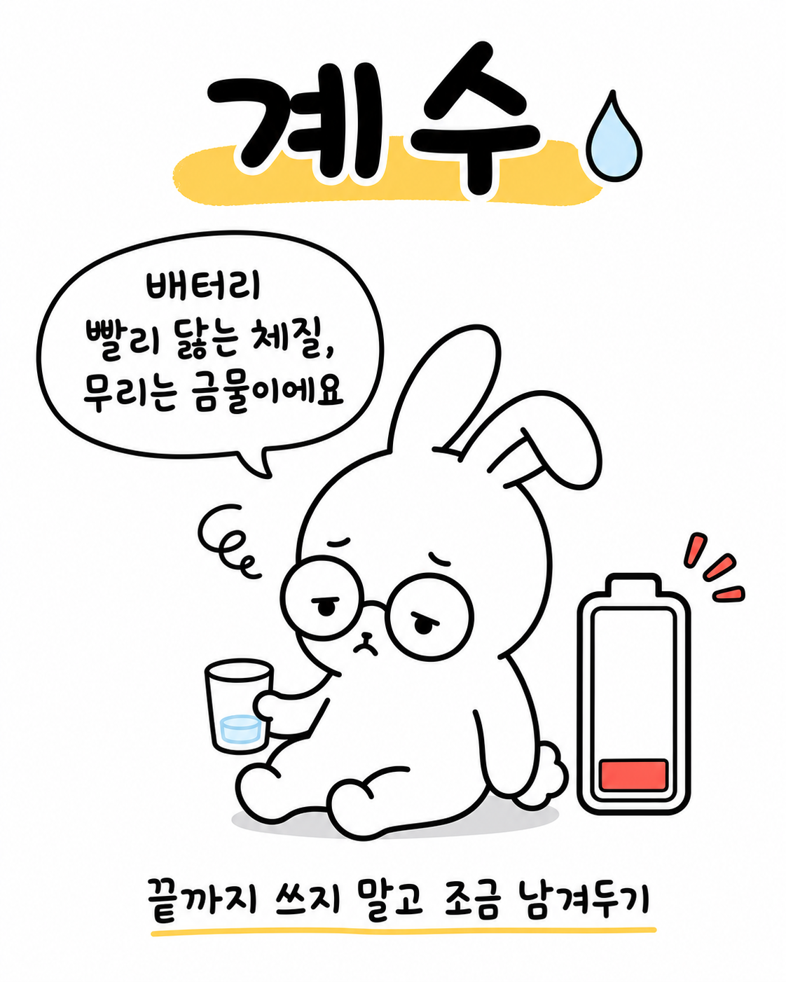 배터리가 거의 방전된 상태로 물 잔을 들고 앉아 있는 토끼의 모습