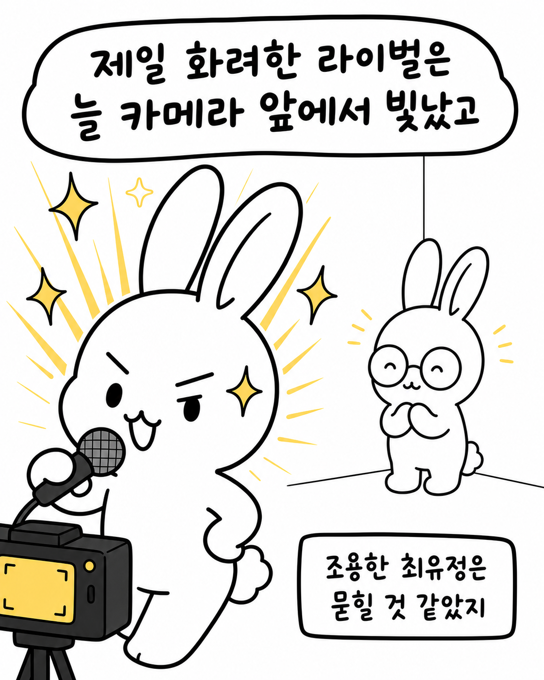 카메라 앞에서 빛나는 라이벌을 보며 구석에서 조용히 있는 최유정의 모습과 조용한 최유정은 묻힐 것 같다는 문구