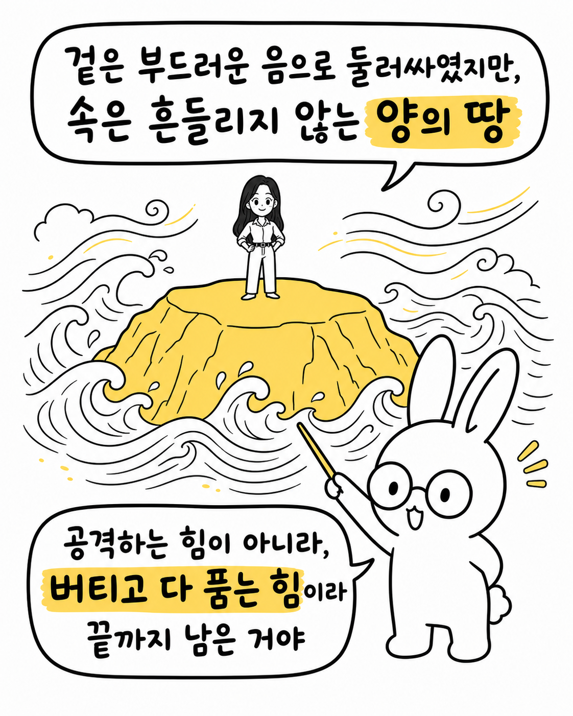 바다 한가운데 있는 단단한 땅 위에 서 있는 사람과 이를 보며 버티고 다 품는 힘이라 끝까지 남은 거라 설명하는 토끼