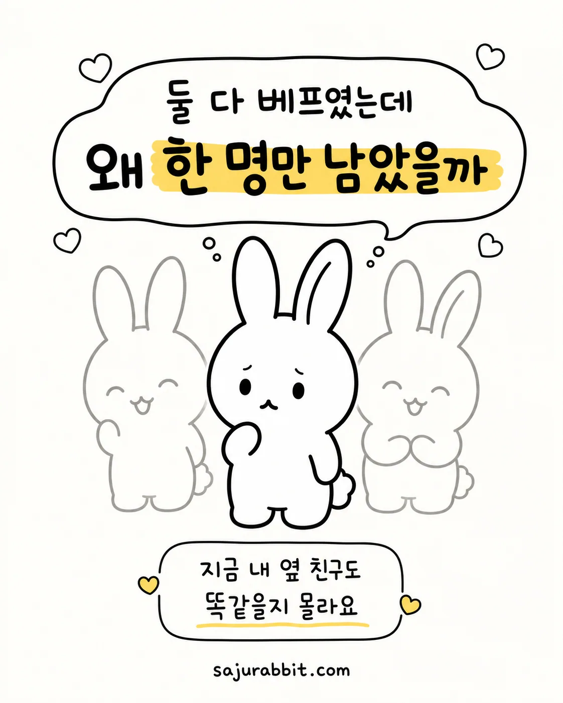 가운데에 슬픈 표정의 토끼가 있고 양옆에 웃고 있는 토끼의 흐릿한 형상이 그려진 그림