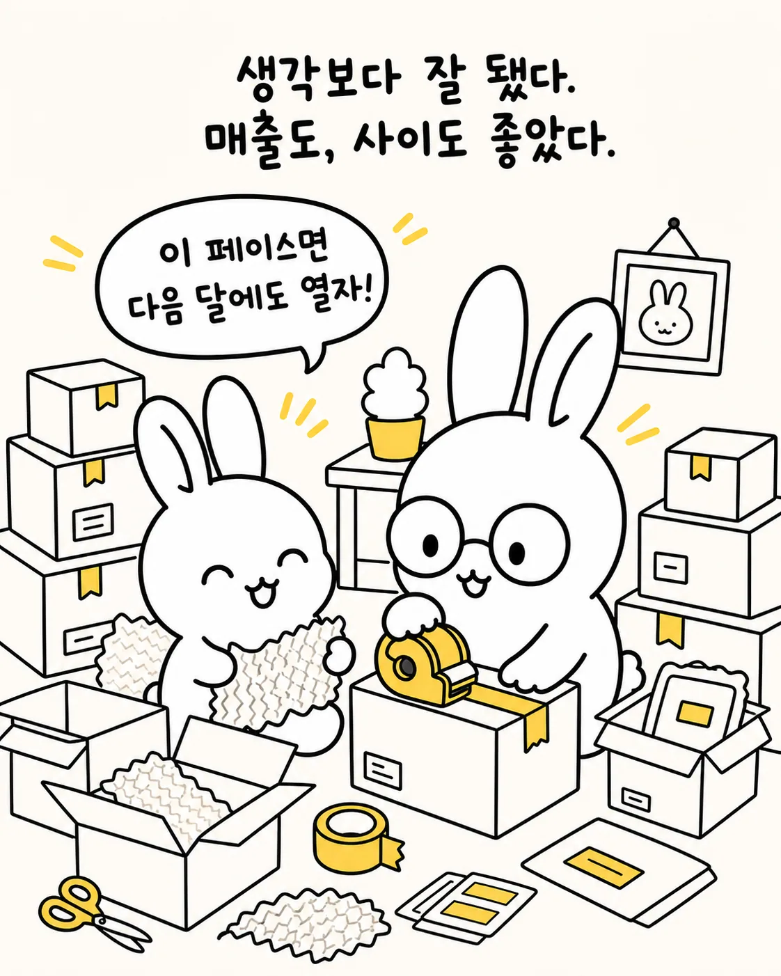 카페 테이블에 앉아 노트북 화면을 보며 배송비 정산 문제로 당황하고 논쟁하는 두 마리 토끼