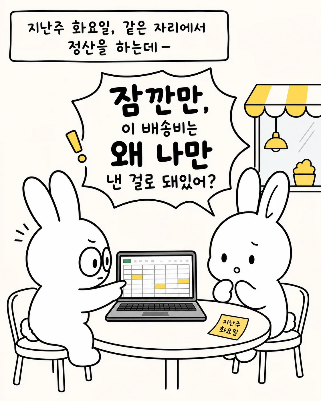 카페에서 영수증과 커피를 앞에 두고 돈 문제로 예민하게 반응한 자신을 탓하며 눈물 흘리는 캐릭터