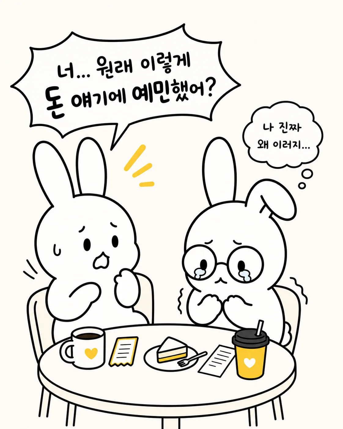 밤하늘 달을 보며 휴대폰으로 자신의 사주 속 '비견'이라는 기운에 대해 검색하며 깨달음을 얻는 토끼