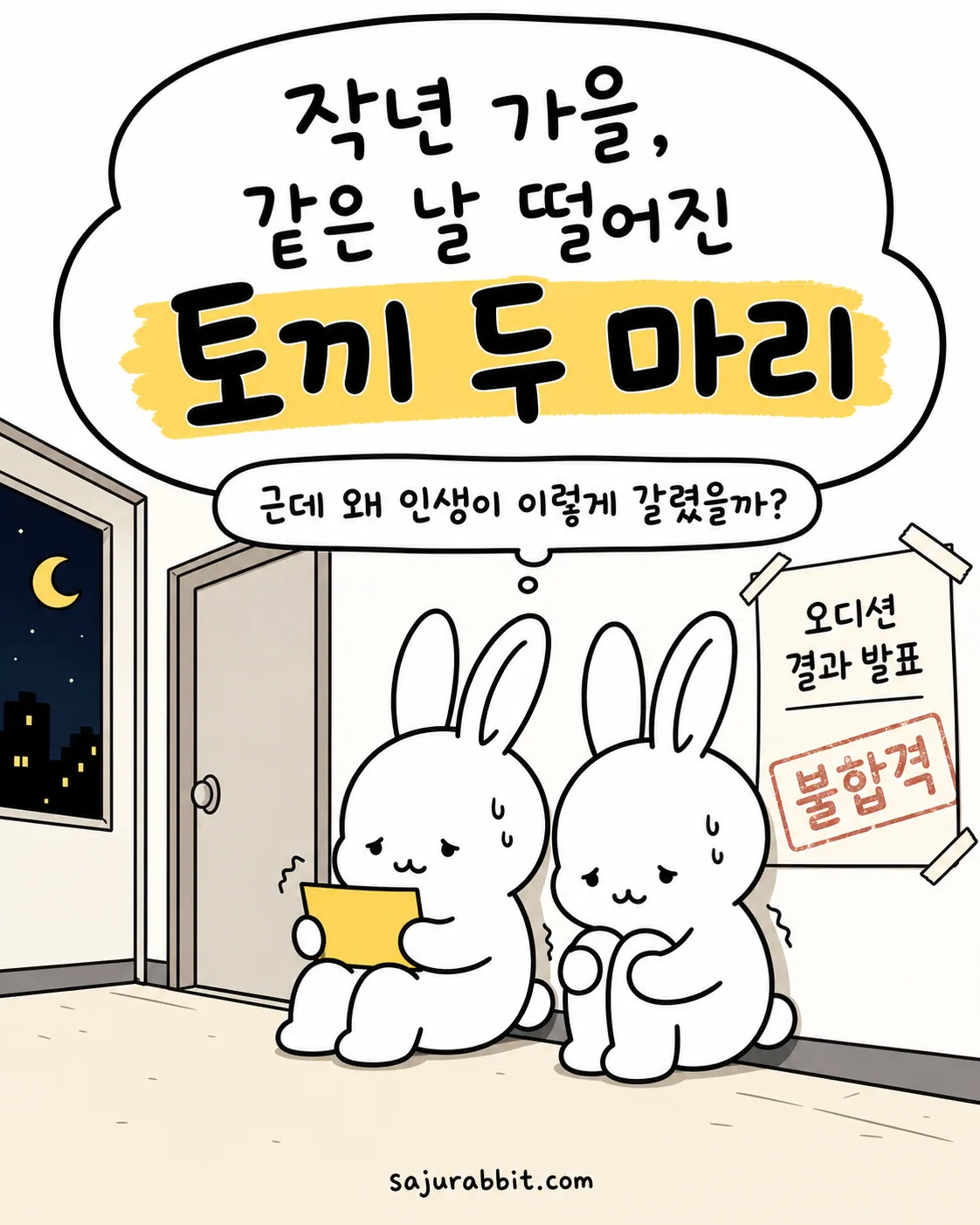 오디션 불합격 통지를 받고 슬퍼하는 두 토끼의 모습