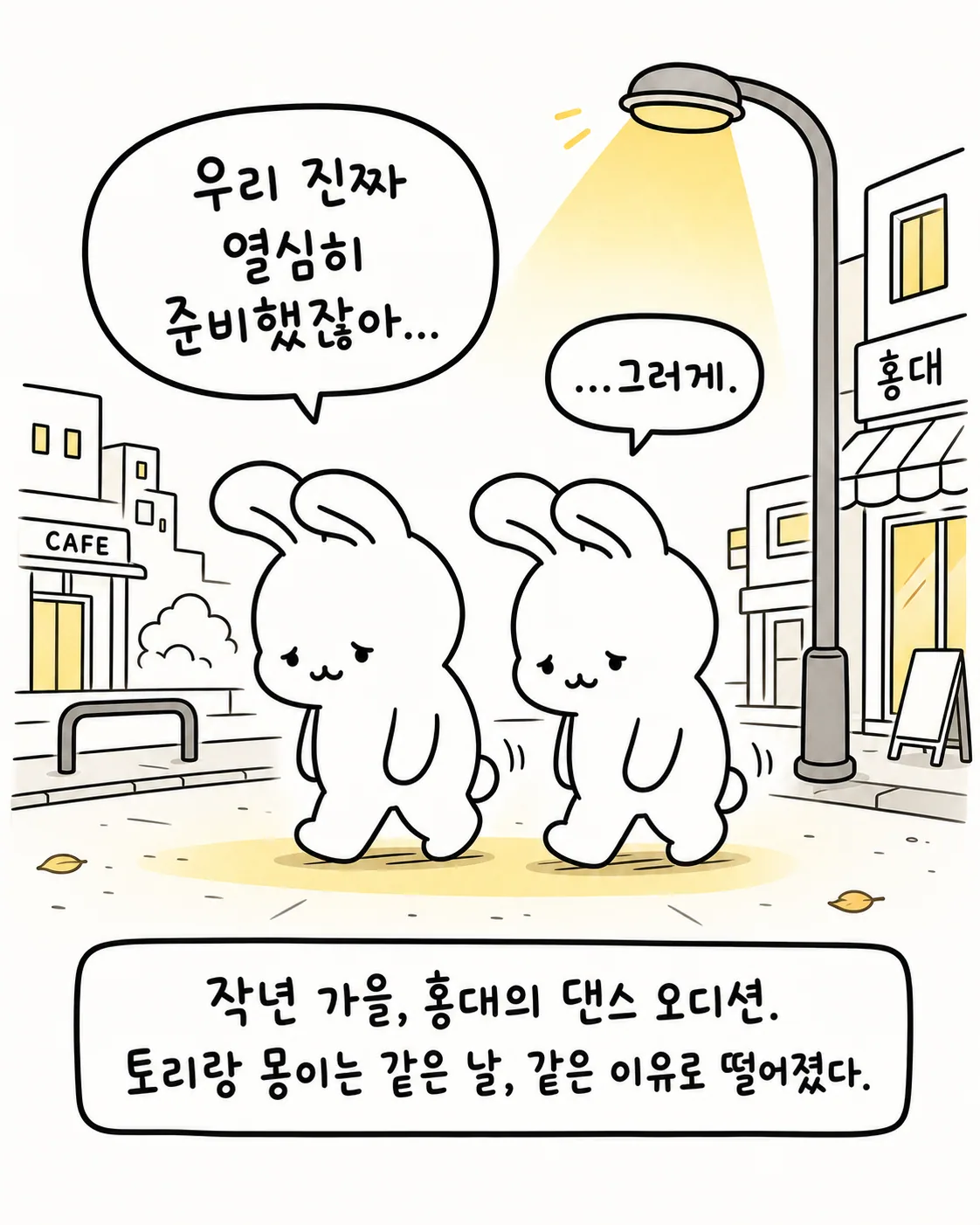 홍대 거리 밤길을 쓸쓸하게 걸어가는 두 토끼의 뒷모습