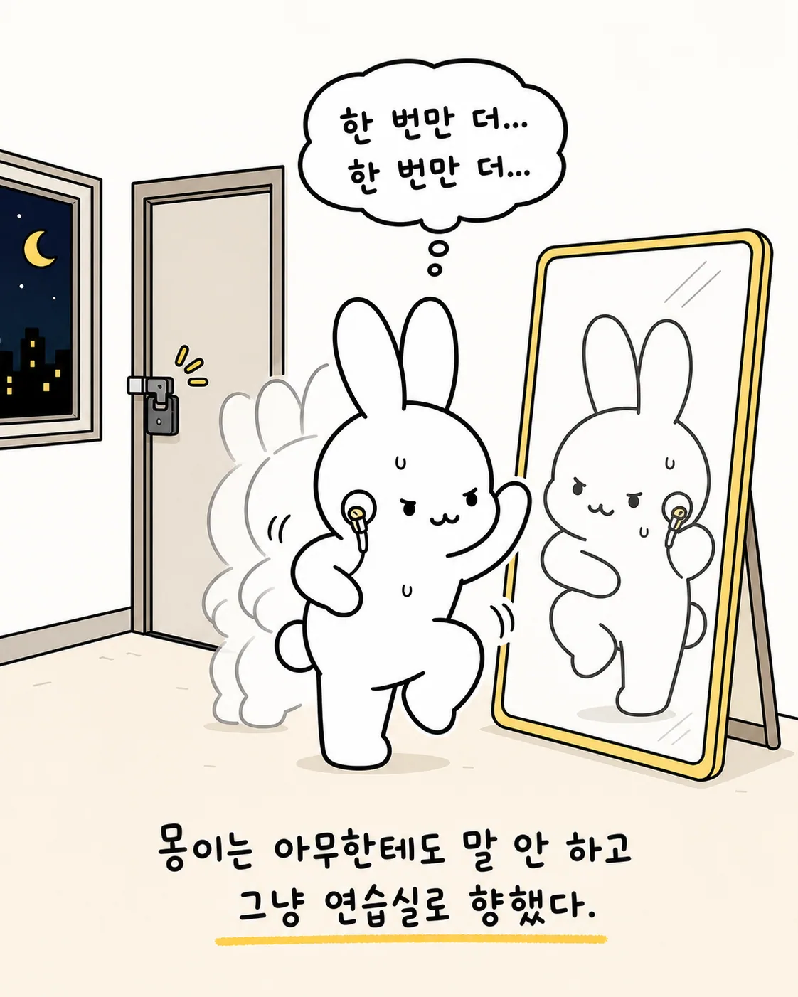 거울을 보며 연습하는 몽이와 무대 위에서 박수를 받는 토리의 모습