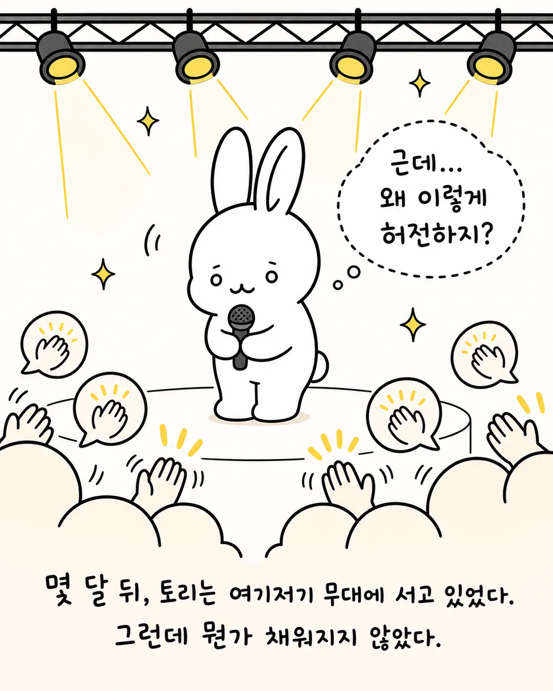 무대 위에서 허전함을 느끼는 토리와 새로운 제안을 받고 놀라는 몽이