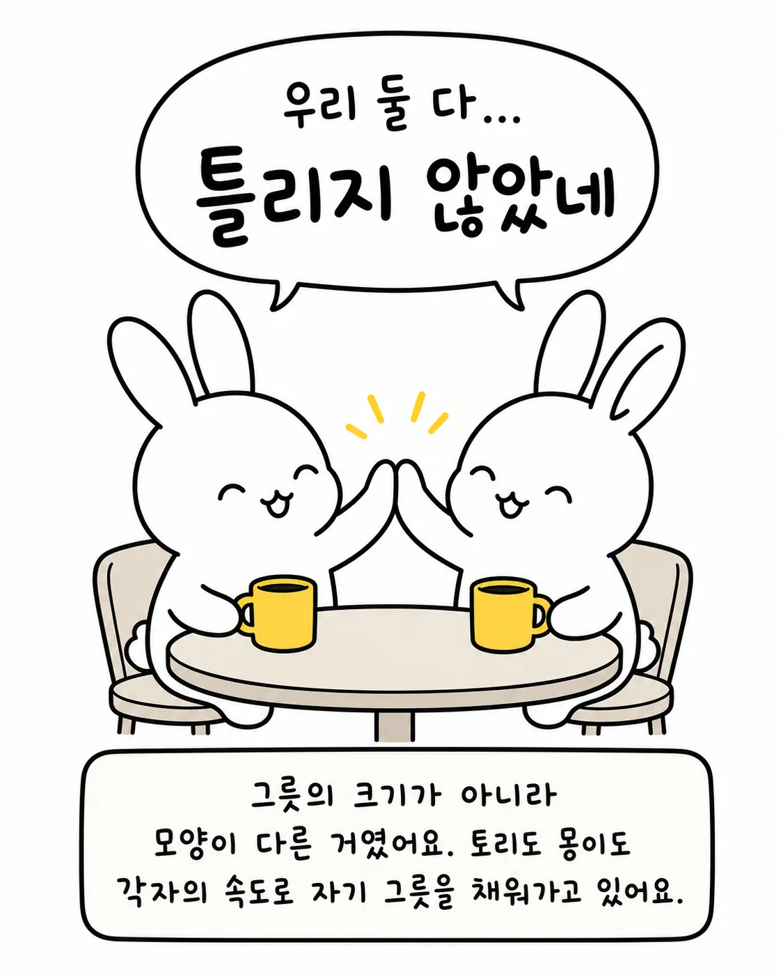 서로 하이파이브를 하며 웃는 두 토끼