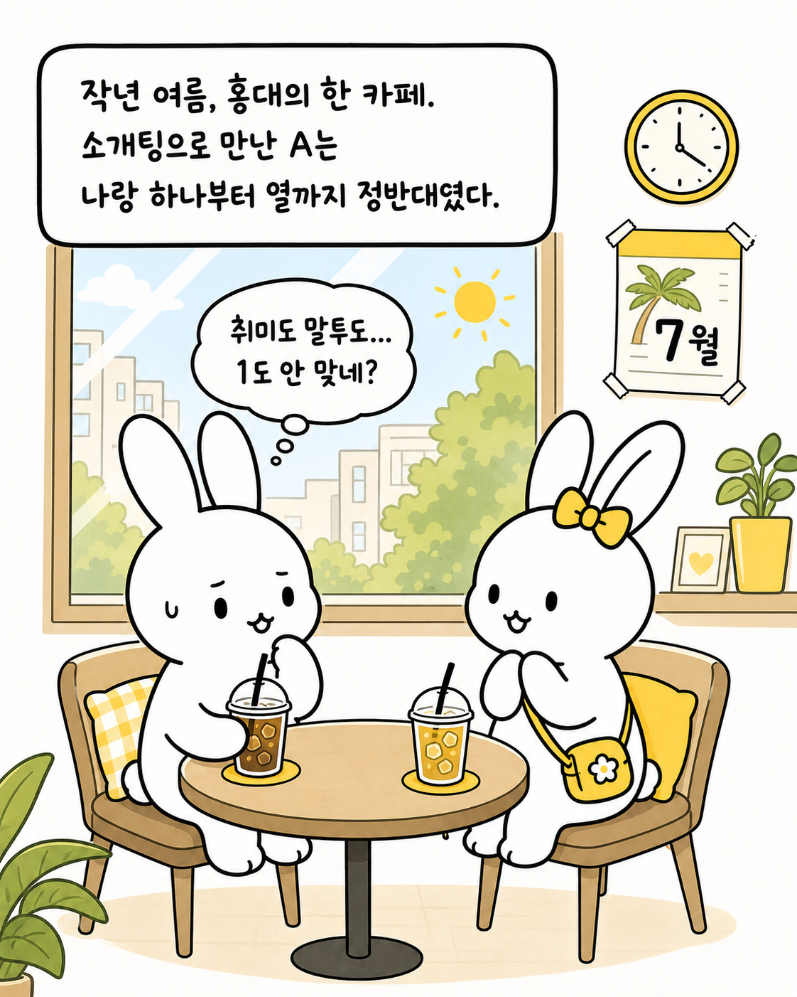 카페에서 서로 다른 모습으로 대화를 나누는 두 토끼 캐릭터