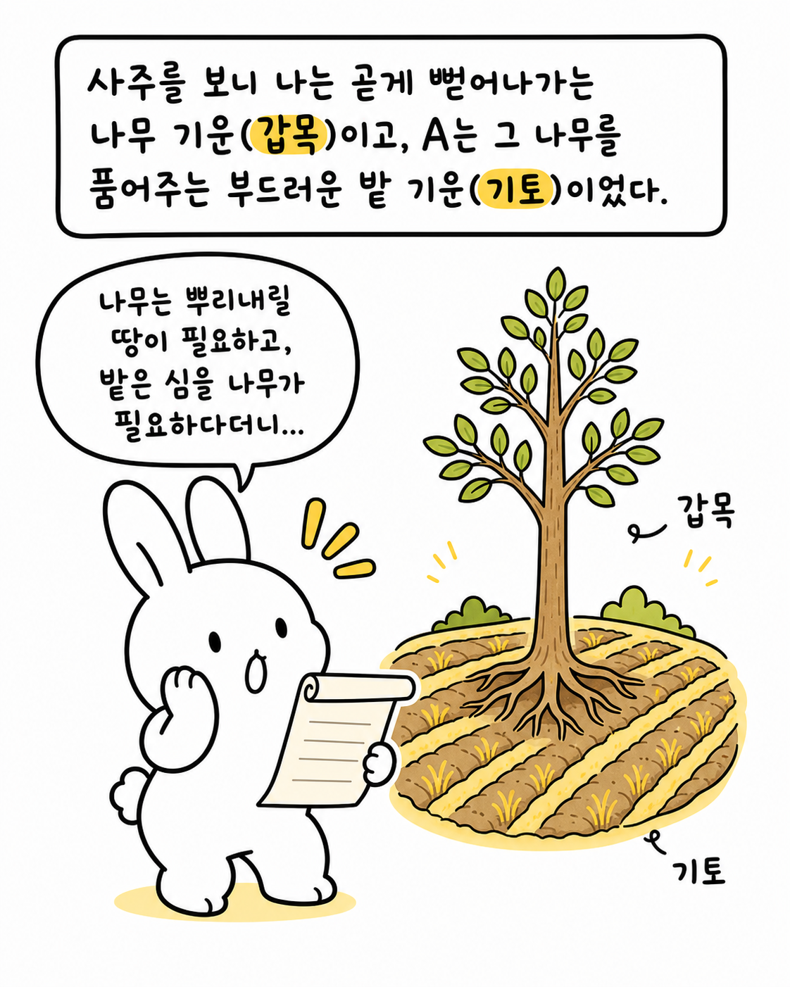 갑목 나무와 기토 밭을 보며 사주 원리를 이해하는 토끼