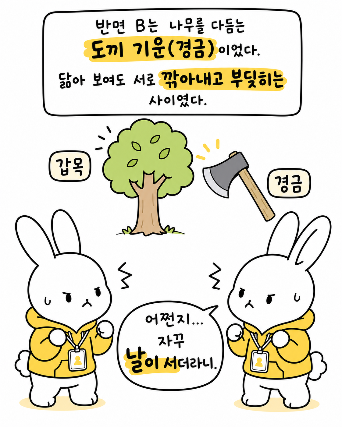 나무를 도끼로 다듬는 모습과 날이 서서 서로 마주 보는 토끼들