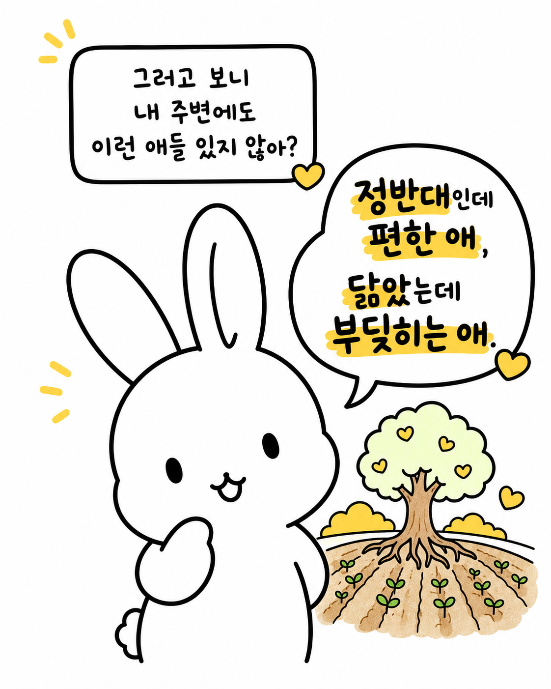 꽃이 핀 나무와 새싹들을 바라보며 생각에 잠긴 토끼
