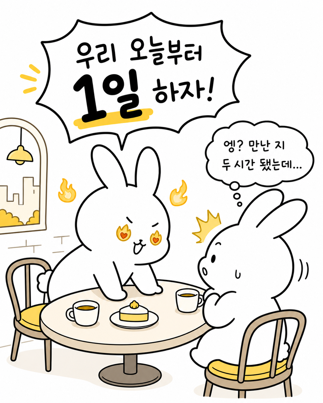 카페에서 뜨거운 열정을 뿜어내며 1일을 외치는 토끼와 당황한 토끼