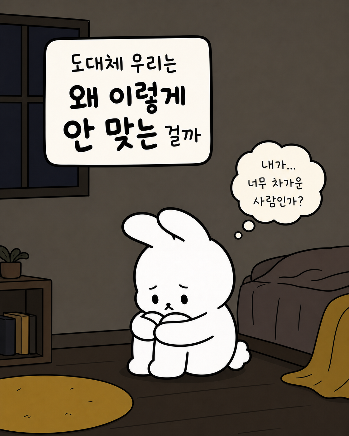 어두운 방 안에서 혼자 웅크리고 앉아 고민에 잠긴 토끼