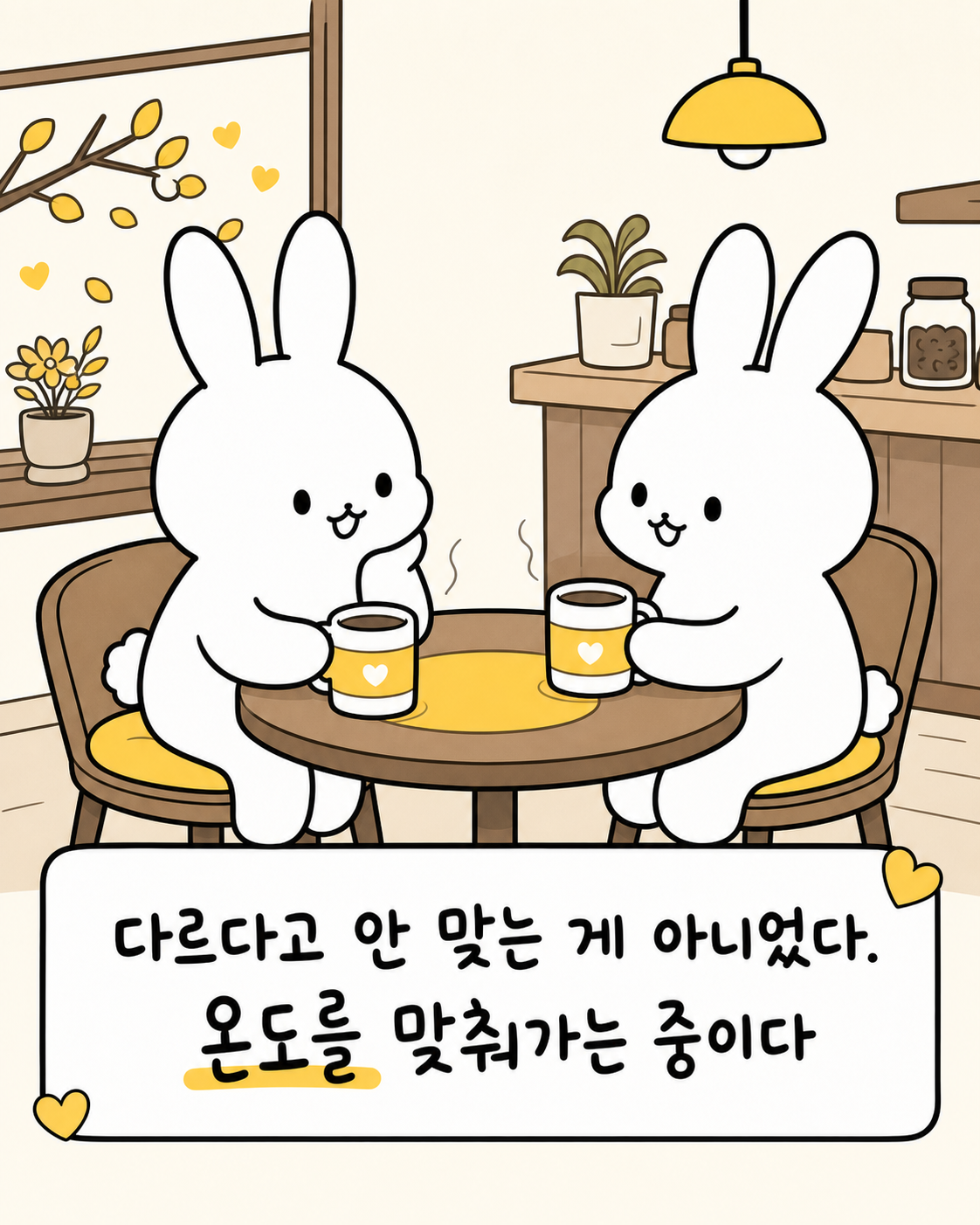 카페에서 따뜻한 차를 마시며 서로를 바라보고 웃는 두 토끼